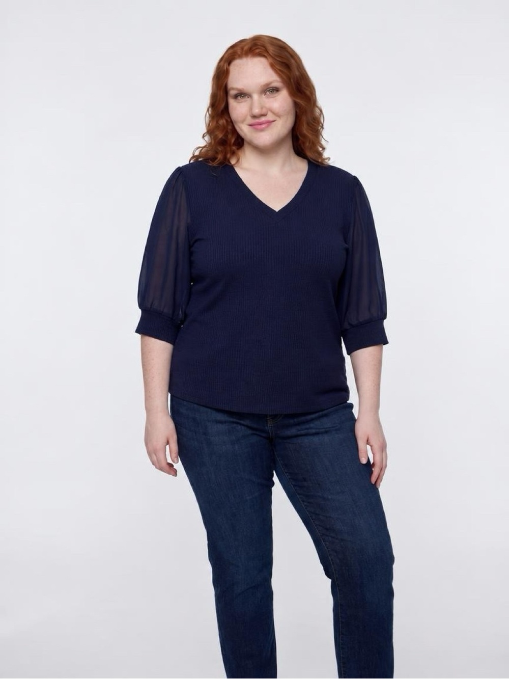 Design History Navy V-Neck Ribbed Puff Sleeve Top